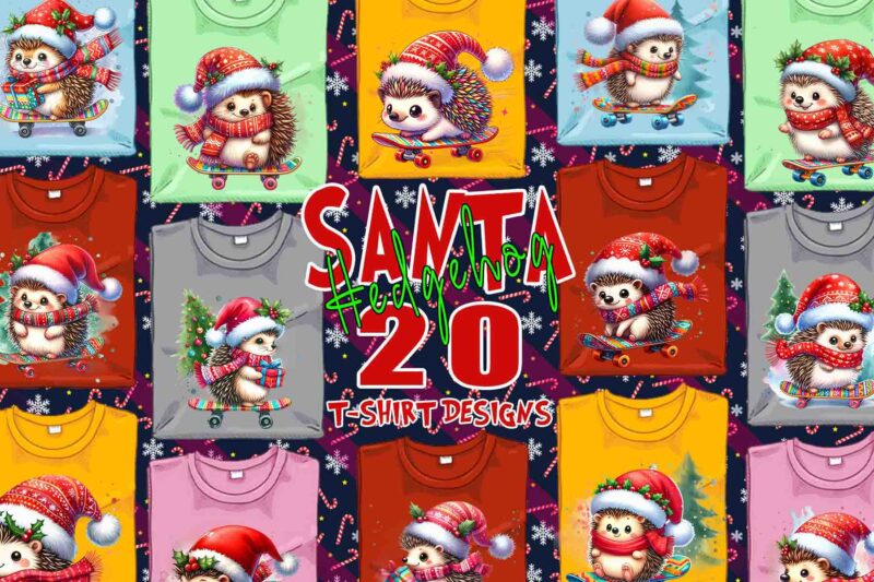 Trendy Hedgehog Santa Riding Skateboard t-shirt design bundle of 20 png & jpeg designs – download instantly Retro Vintage T-shirt Design