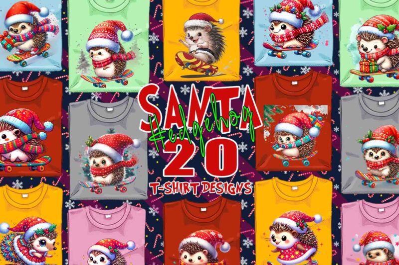 Colourful Hedgehog Santa Claus Riding Skateboard Christmas t-shirt design bundle of 20 designs