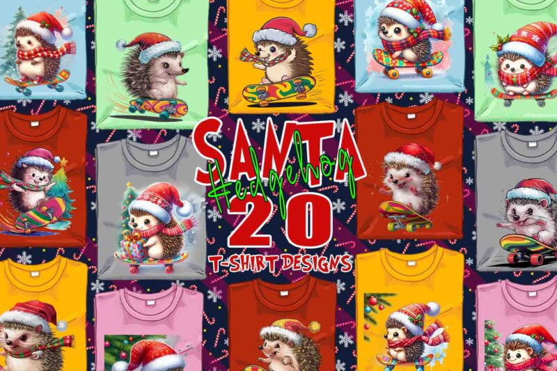 Retro Hedgehog Santa Claus Riding Skateboard Christmas t-shirt design bundle of 20 design Bundle