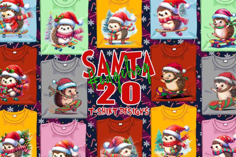 Funny Hedgehog Santa Claus Riding Skateboard Christmas t-shirt design bundle of 20 designs Bundle