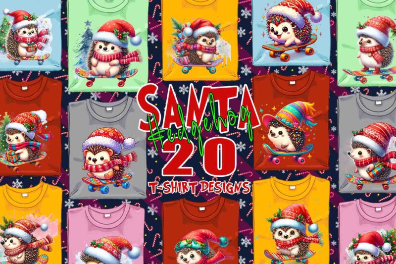 Trendy Hedgehog Santa Riding Skateboard t-shirt design bundle of 20 png & jpeg designs – download instantly Retro Vintage T-shirt Design