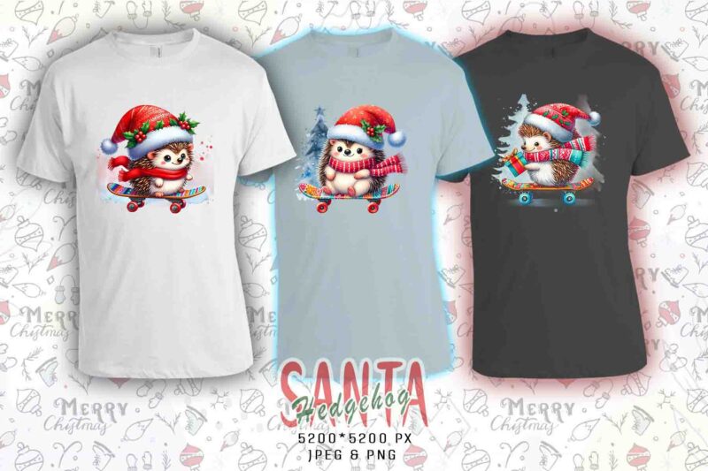 Trendy Hedgehog Santa Riding Skateboard t-shirt design bundle of 20 png & jpeg designs – download instantly Retro Vintage T-shirt Design