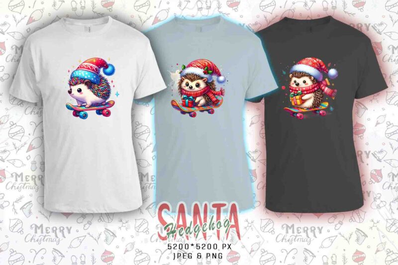 Trendy Hedgehog Santa Riding Skateboard t-shirt design bundle of 20 png & jpeg designs – download instantly Retro Vintage T-shirt Design