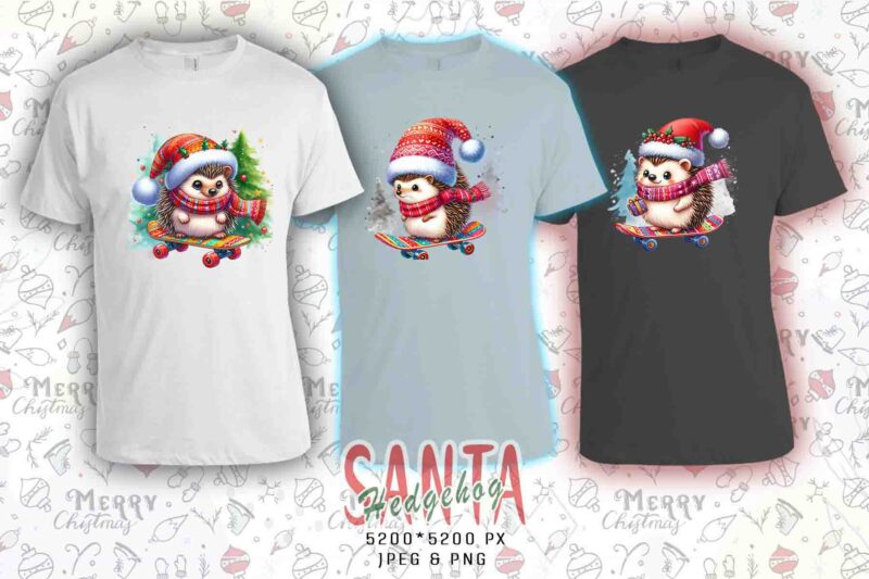 Colourful Hedgehog Santa Claus Riding Skateboard Christmas t-shirt design bundle of 20 designs