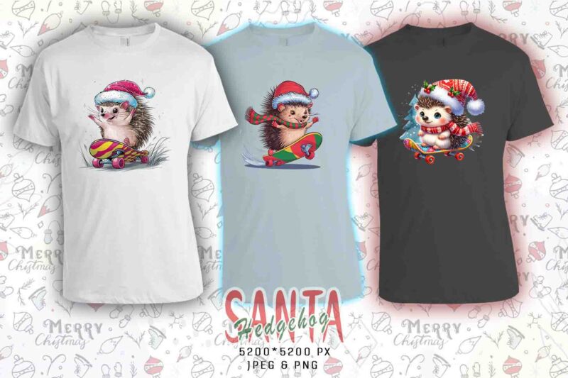 Retro Hedgehog Santa Claus Riding Skateboard Christmas t-shirt design bundle of 20 design Bundle