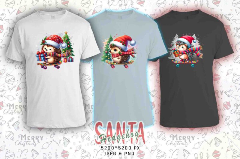 Colourful Hedgehog Santa Claus Riding Skateboard Christmas t-shirt design bundle of 20 designs