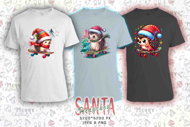 Retro Hedgehog Santa Claus Riding Skateboard Christmas t-shirt design bundle of 20 design Bundle