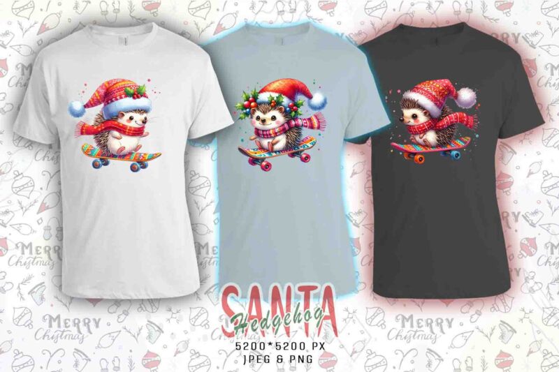 Funny Hedgehog Santa Claus Riding Skateboard Christmas t-shirt design bundle of 20 designs