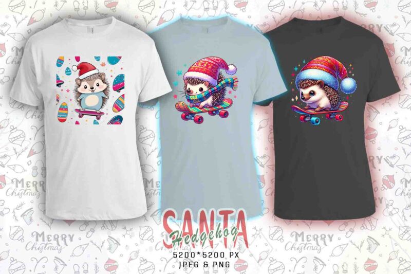 Colourful Hedgehog Santa Claus Riding Skateboard Christmas t-shirt design bundle of 20 designs
