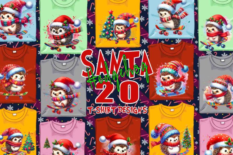 Funny Hedgehog Santa Claus Riding Skateboard Christmas t-shirt design bundle of 20 designs