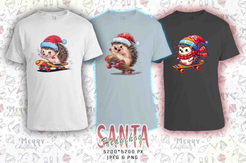Funny Hedgehog Santa Claus Riding Skateboard Christmas t-shirt design bundle of 20 designs Bundle