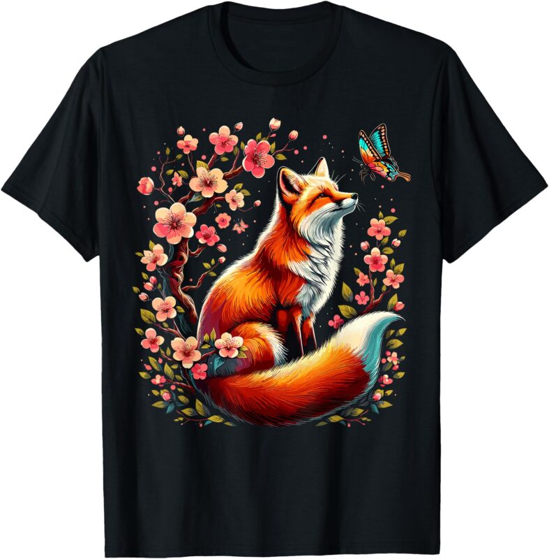 Japanese Fox Cherry blossom Flower T-Shirt