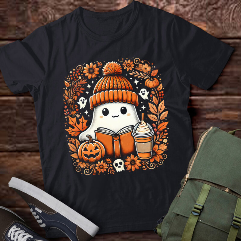 LT508 Ghost Drinking Coffee Book Reading Halloween Pumpkin