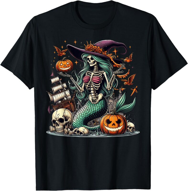 Mermaid Skeleton Halloween Art Family Gifts Mermaid Lovers T-Shirt