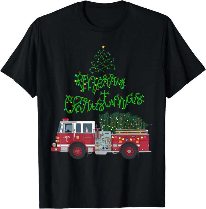 Merry Christmas Firetruck Xmas Tree Lights Boys Toddler Kids T-Shirt