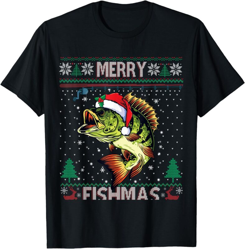 Merry Fishmas Bass Fish Fishing Christmas Ugly Sweater Xmas T-Shirt