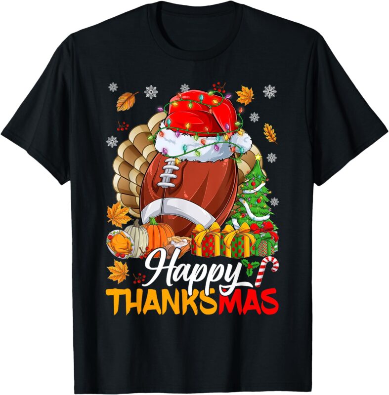 Merry Thanksmas Football Santa Hat Thanksgiving Christmas T-Shirt