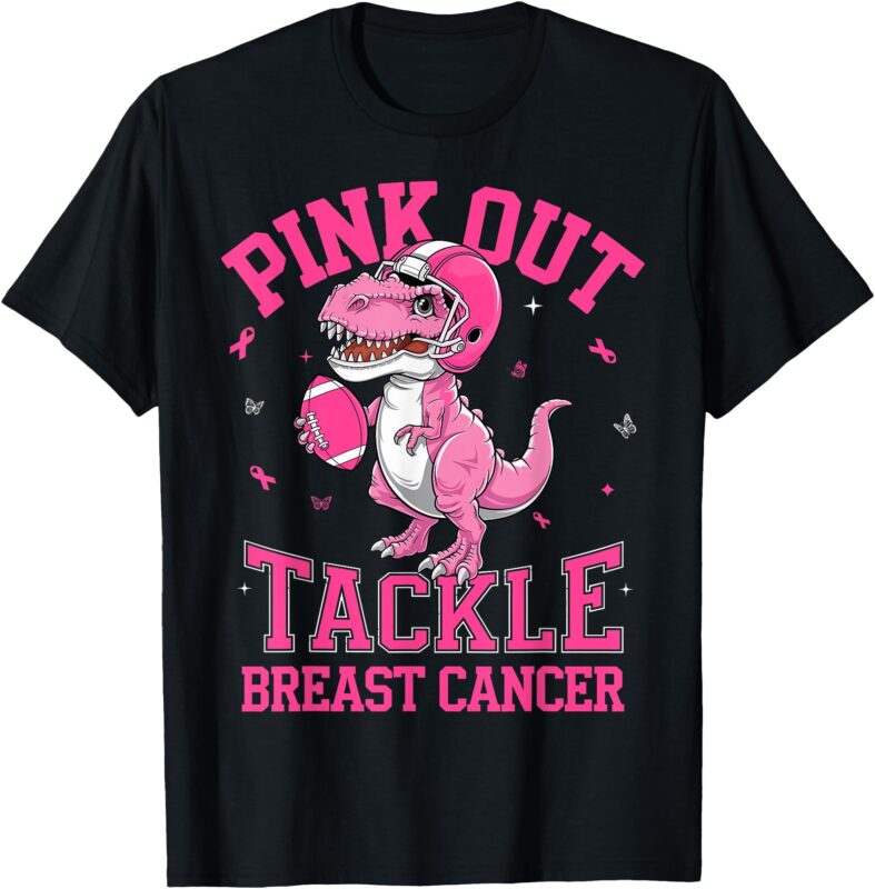 Pink Out Tackle Breast Cancer Awareness Football Dinosaur T-Shirt