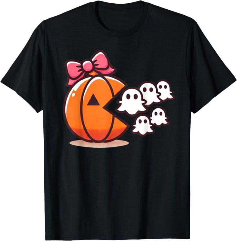 Pumpkin Eating Ghost Funny Halloween Gamer Women Kids T-Shirt