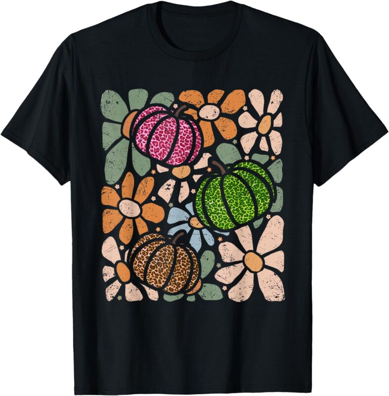 Retro Boho Floral Fall Pumpkin Autumn Thanksgiving Womens T-Shirt