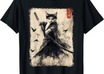 Samurai Cat Graphic Tee Warrior Vintage Japanese Art Anime T-Shirt