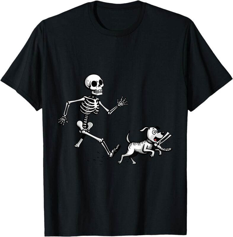 Skeleton Playful Chase Dog Run Off with the Bone in Humorous T-Shirt