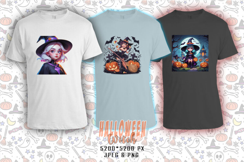 120 Colourful Halloween Cartoon Witch Party t-shirt design bundle
