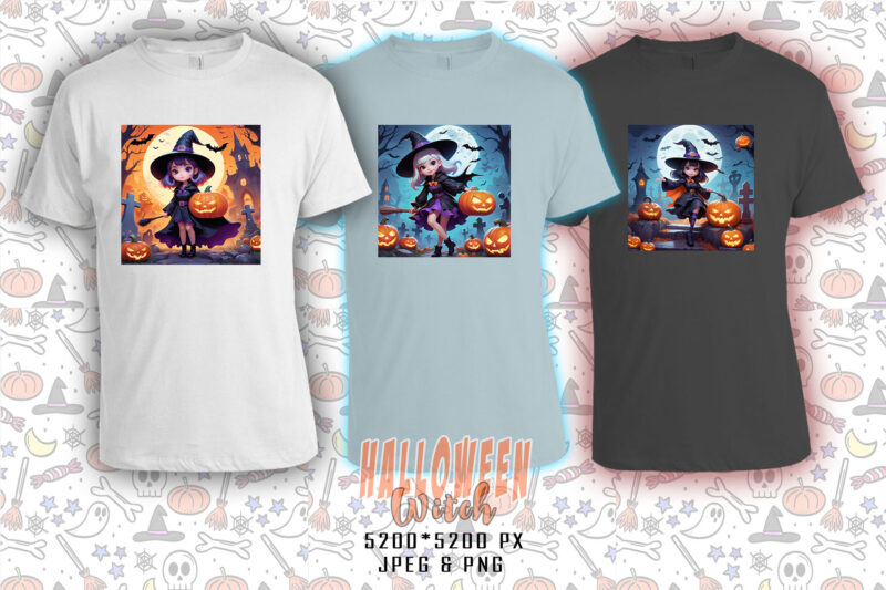 120 Colourful Halloween Cartoon Witch Party t-shirt design bundle