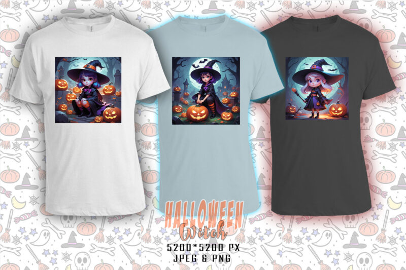 120 Colourful Halloween Cartoon Witch Party t-shirt design bundle