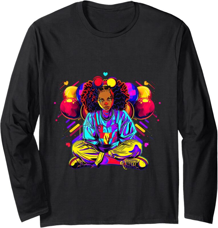 Streetwear synthwave 80s 90s black pride girl clown hip teen Long Sleeve T-Shirt