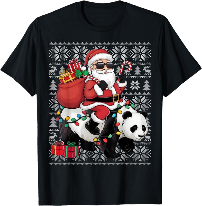 Ugly Xmas Sweater Style Santa Riding Panda Christmas T-Shirt