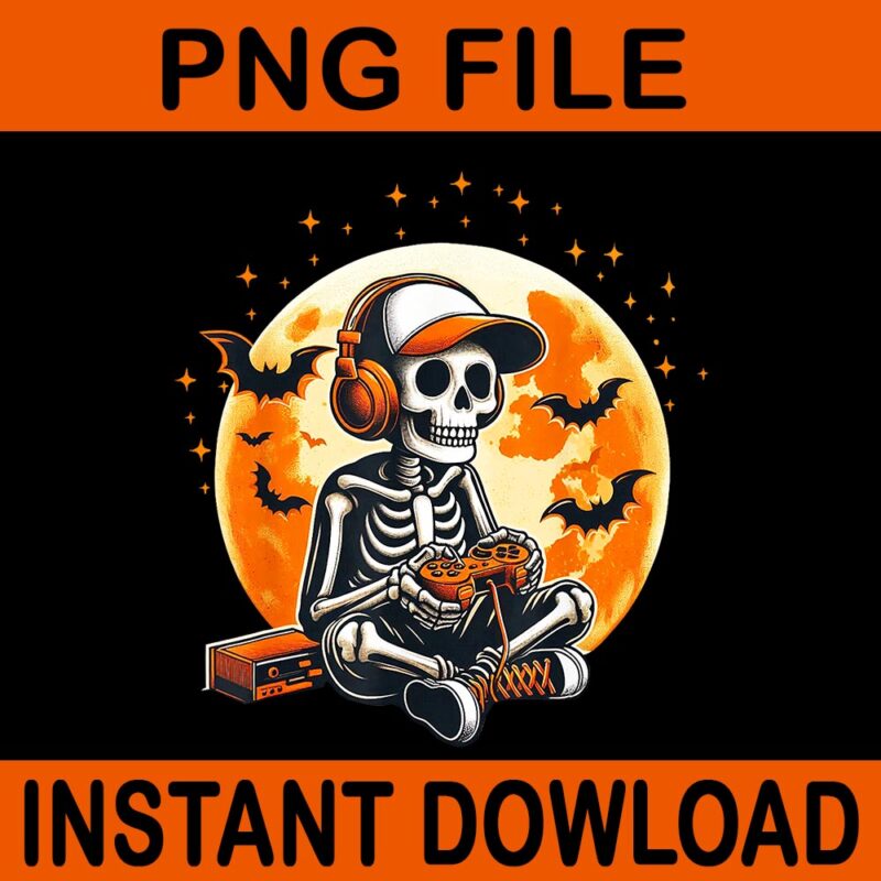 Skeleton Gamer Moon Video Halloween PNG