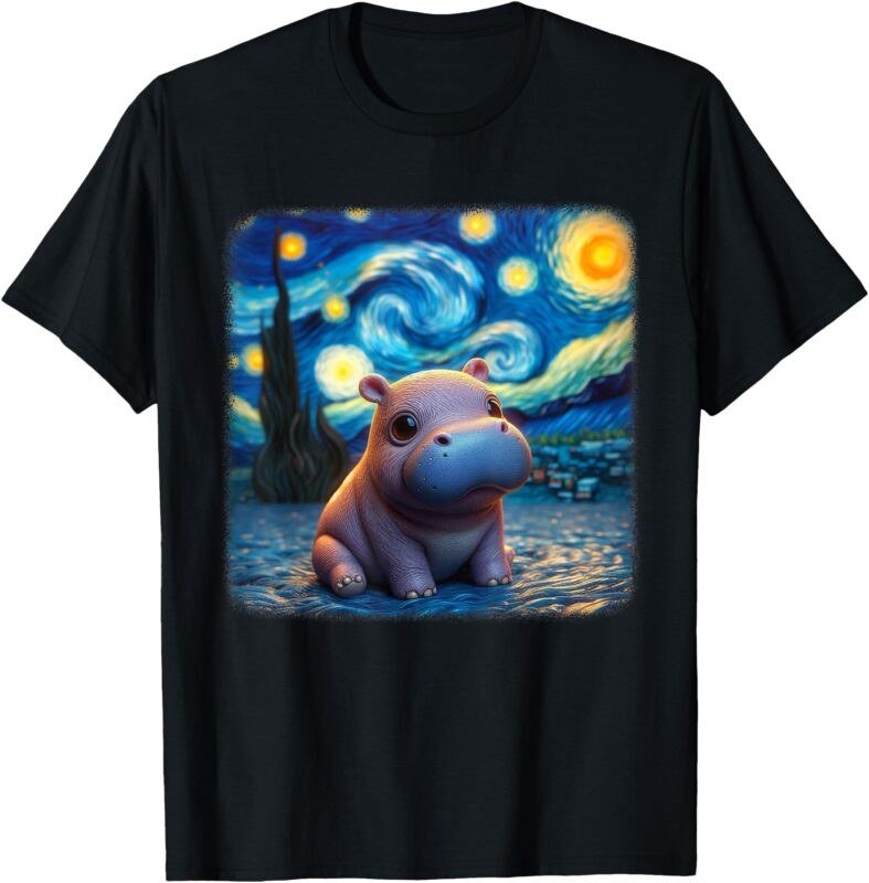 Van Gogh Starry Night Moo-Deng Cute Baby Pygmy Hippo Zoo T-Shirt
