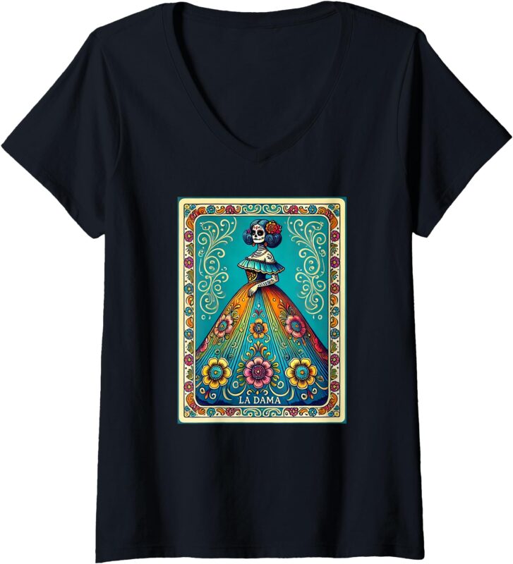 Womens La Dama Dia de Muertos V-Neck T-Shirt