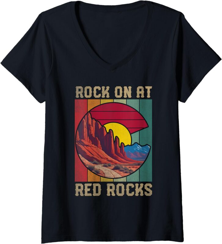 Womens Rock On At Red Rocks Hiking Outdoors Colorado Flag V-Neck T-Shirt