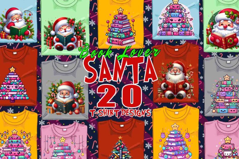 Trendy Book Lover Christmas t-shirt design bundle of 20 png & jpeg designs – download instantly Retro Vintage T-shirt Design