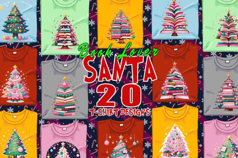 Trendy Book Lover Christmas t-shirt design bundle of 20 png & jpeg designs – download instantly Retro Vintage T-shirt Design Illustration