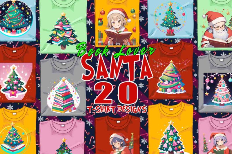 Trendy Book Lover Christmas t-shirt design bundle of 20 png & jpeg designs – download instantly Retro Vintage T-shirt Design