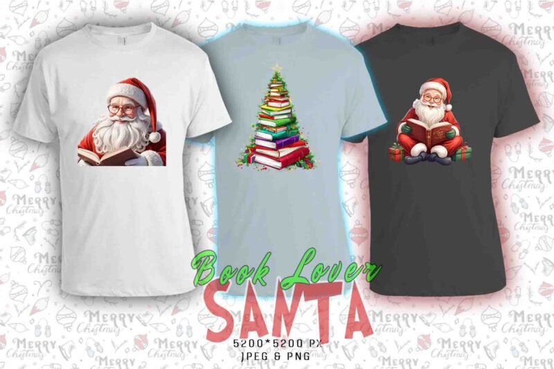 Trendy Book Lover Christmas t-shirt design bundle of 20 png & jpeg designs