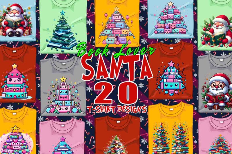 Trendy Book Lover Christmas t-shirt design bundle of 20 png & jpeg designs – download instantly Retro Vintage T-shirt Design