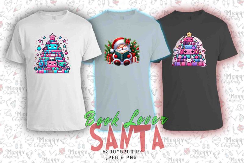 Trendy Book Lover Christmas t-shirt design bundle of 20 png & jpeg designs – download instantly Retro Vintage T-shirt Design
