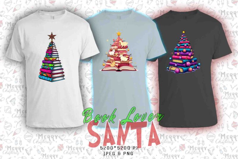 Trendy Book Lover Christmas t-shirt design bundle of 20 png & jpeg designs – download instantly