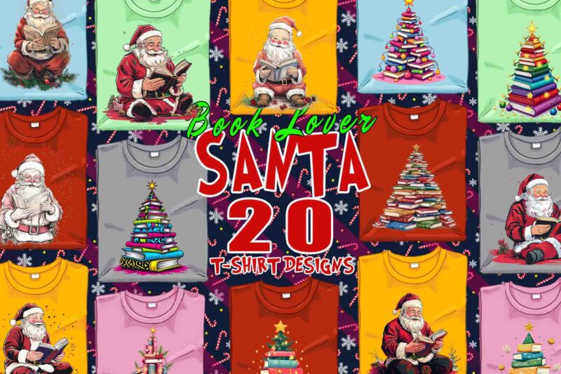 Trendy Book Lover Christmas t-shirt design bundle of 20 png & jpeg designs
