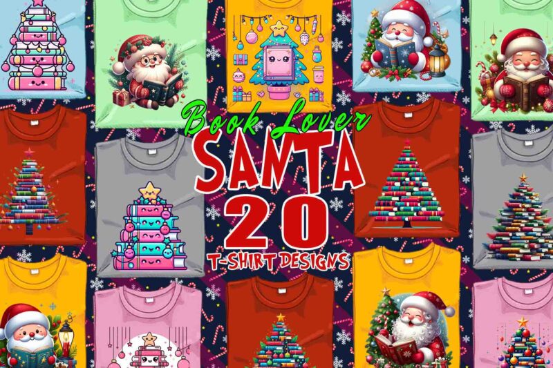 Trendy Book Lover Christmas t-shirt design bundle of 20 png & jpeg designs – download instantly Retro Vintage T-shirt Design