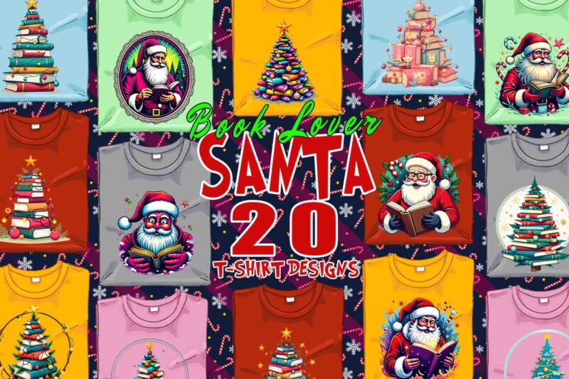 Trendy Book Lover Christmas t-shirt design bundle of 20 png & jpeg designs – download instantly