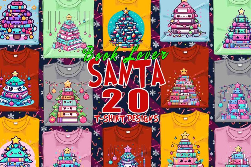 Trendy Book Lover Christmas t-shirt design bundle of 20 png & jpeg designs