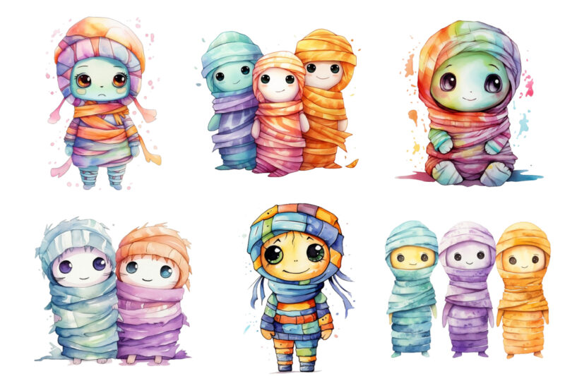 colourful Watercolor Kawaii mummy Halloween
