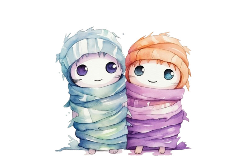 colourful Watercolor Kawaii mummy Halloween