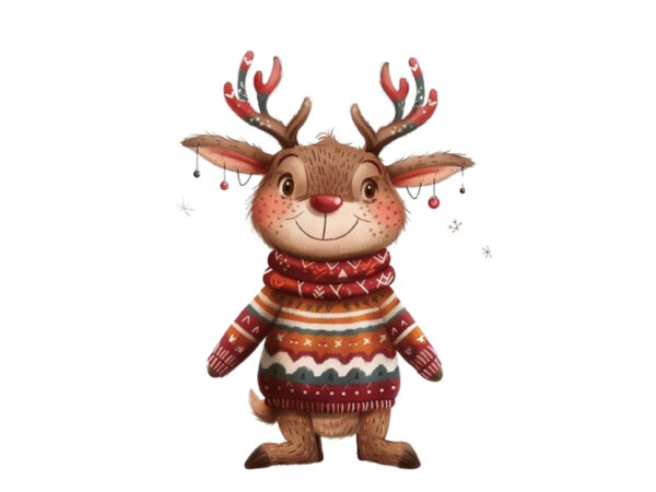 Funny cartoon reindeer wearing colorful t shirt graphic design