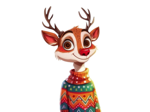 Funny cartoon reindeer wearing colorful t shirt graphic design